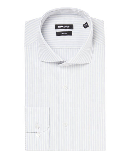 Man wearing a blue Tapered Fit Striped Cotton-Linen Shirt