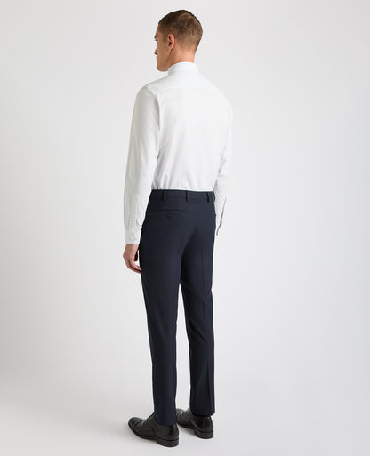 Man wearing a blue Tapered Fit Striped Cotton-Linen Shirt