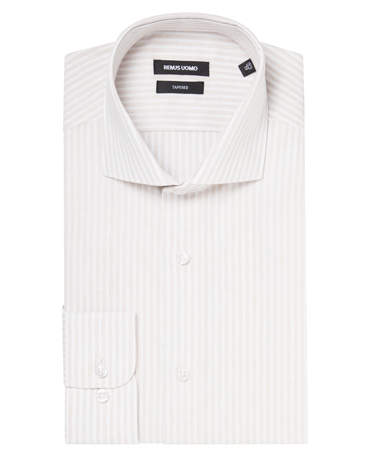 Man wearing a brown Tapered Fit Striped Cotton-Linen Shirt
