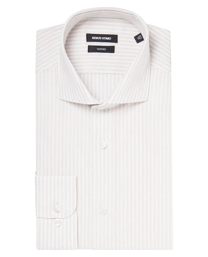 Man wearing a brown Tapered Fit Striped Cotton-Linen Shirt