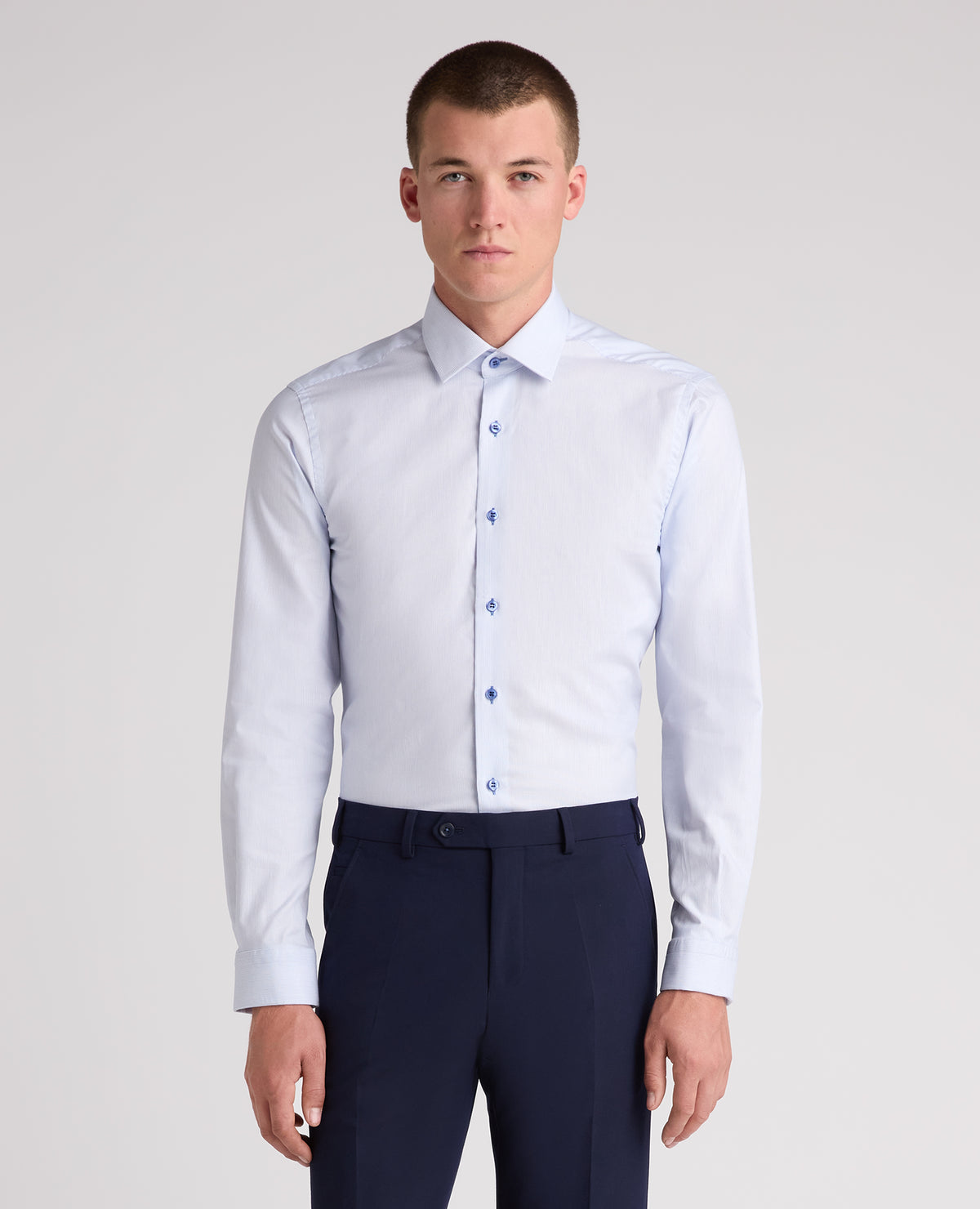 Blue Tapered Fit Vertical Stripe Cotton Shirt