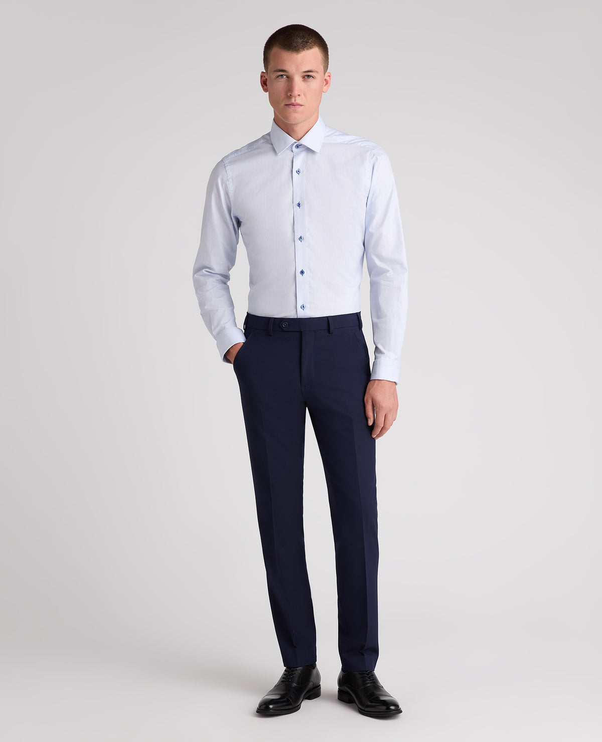Blue Tapered Fit Vertical Stripe Cotton Shirt