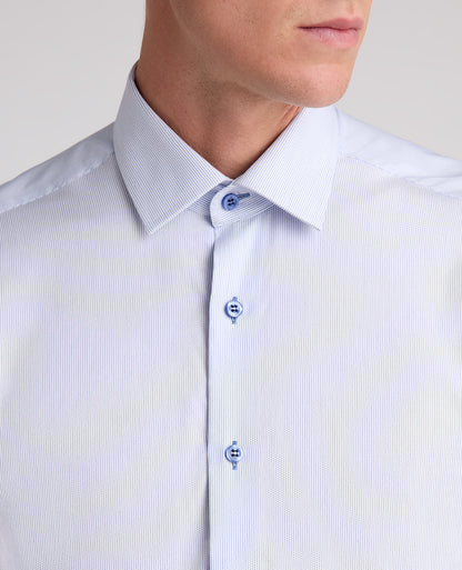 Blue Tapered Fit Vertical Stripe Cotton Shirt