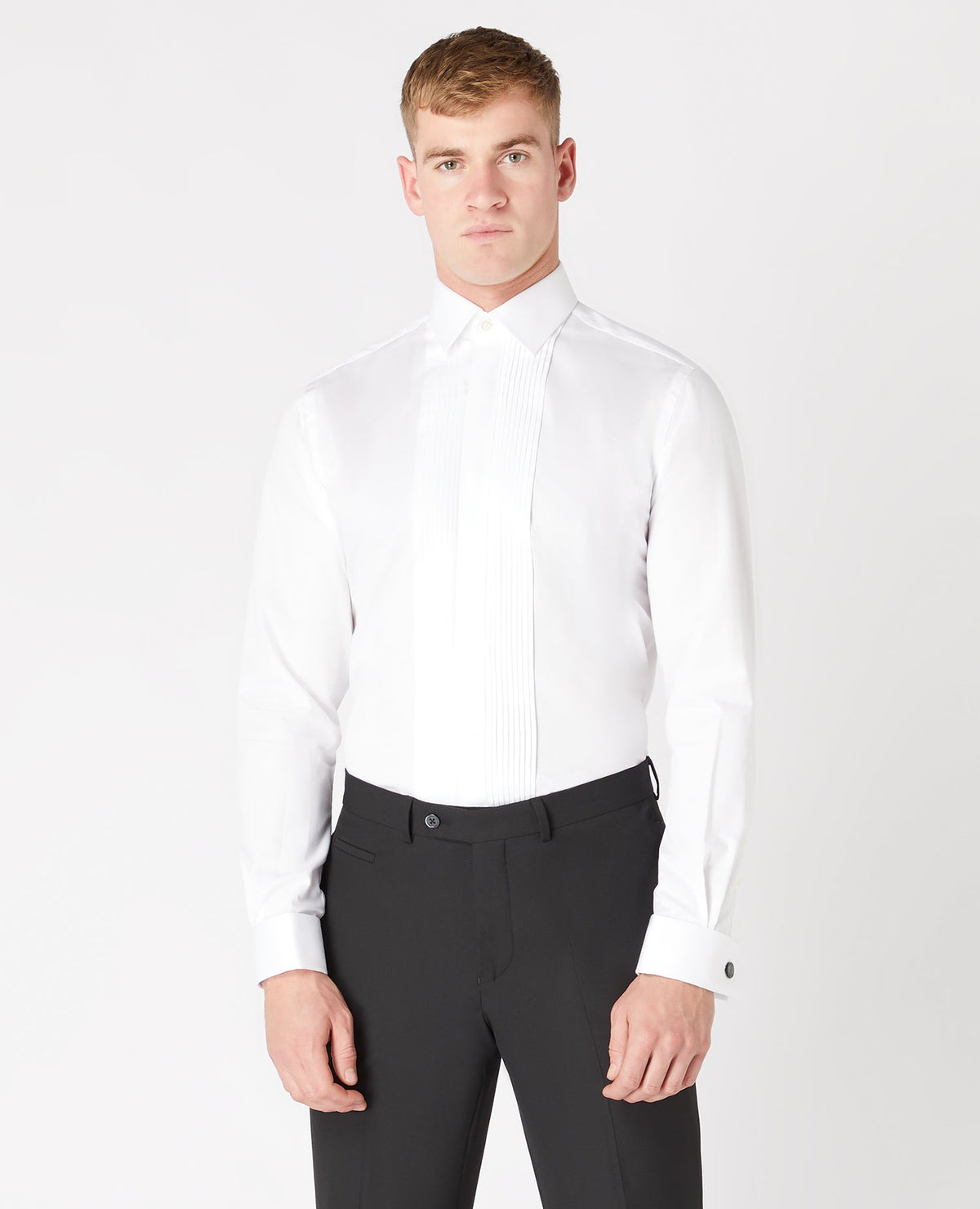 Man wearing a white Tapered Fit Cotton-Blend Shirt