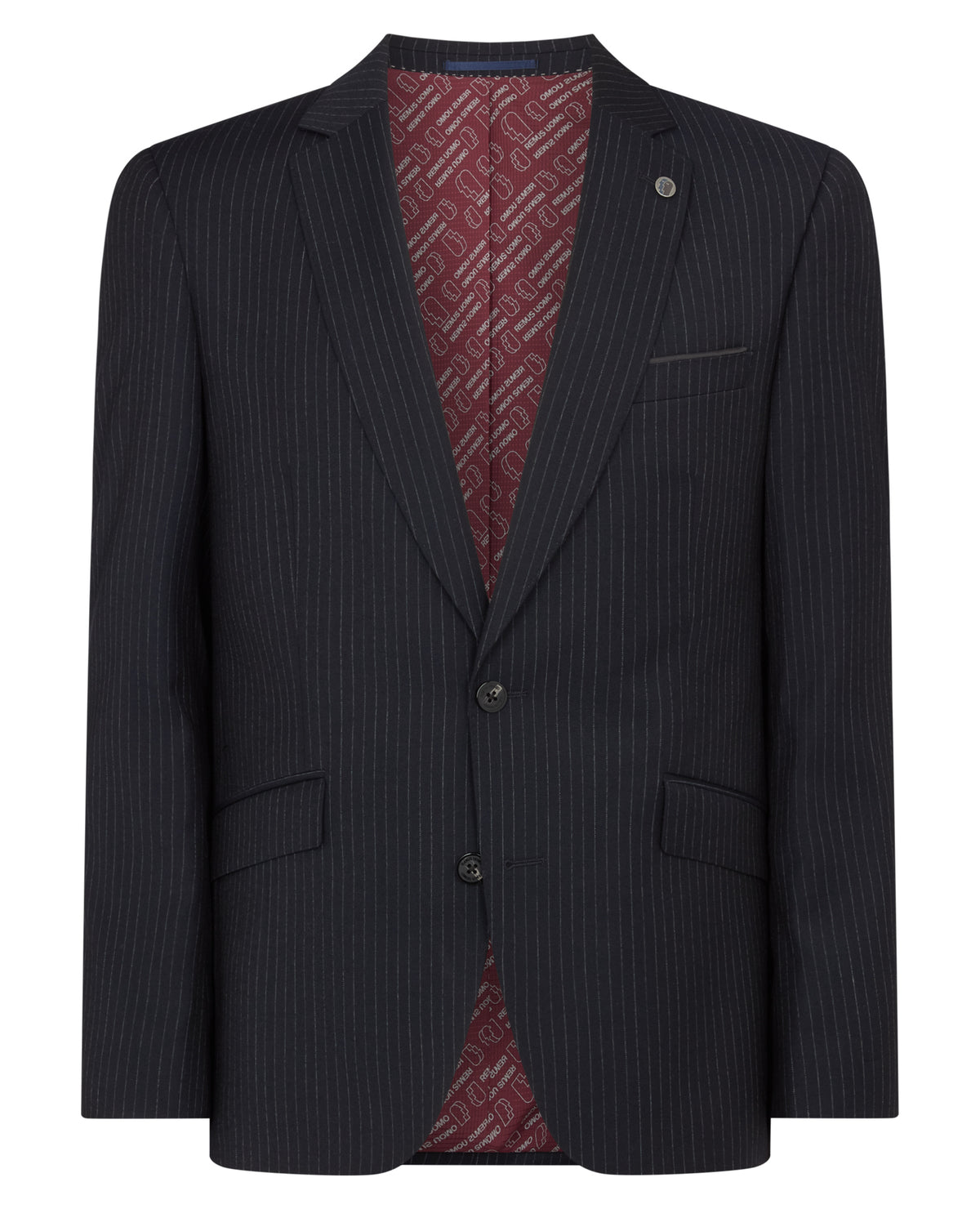 Man wearing a navy Tapered Fit Wool Rich Suit