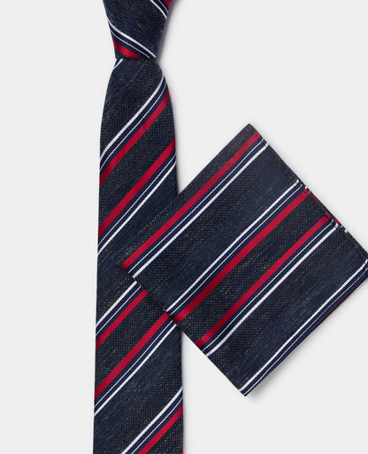 Man wearing a navy Stripe Design Tie