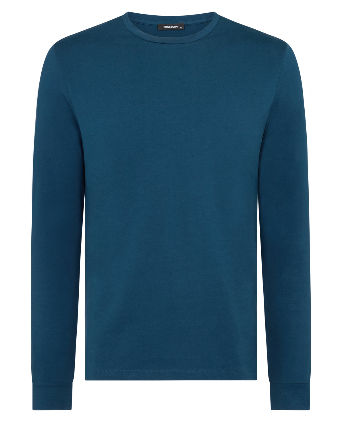 Man wearing a blue Tapered Fit Cotton-Stretch T-Shirt