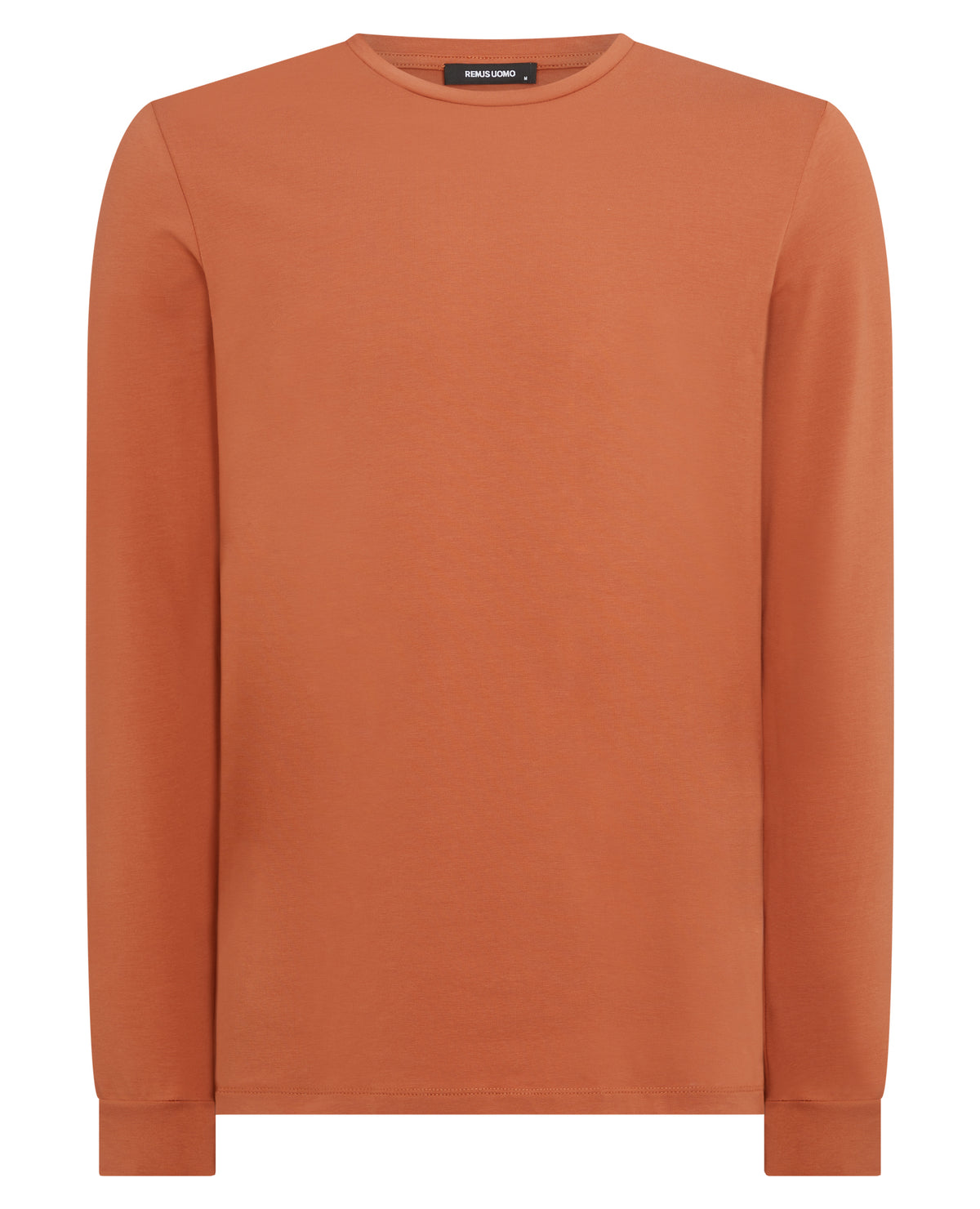 Man wearing a orange Tapered Fit Cotton-Stretch Long Sleeve T-Shirt