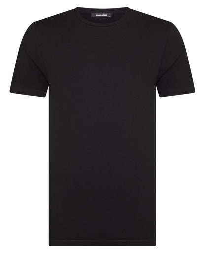 Man wearing a black Tapered Fit Cotton-Stretch T-Shirt