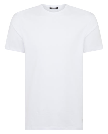 Man wearing a white Tapered Fit Cotton-Stretch T-Shirt