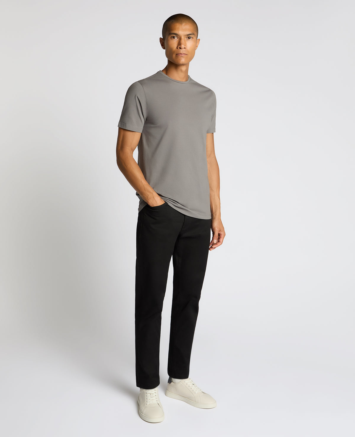 Man wearing a grey Cotton-Stretch Crew Neck T-Shirt