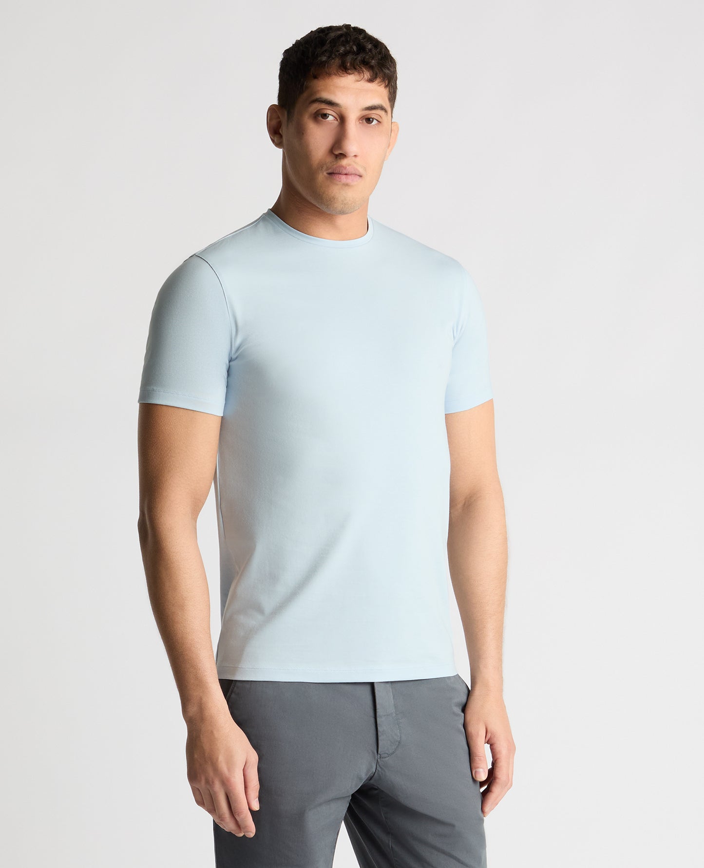 Man wearing a blue t-shirt