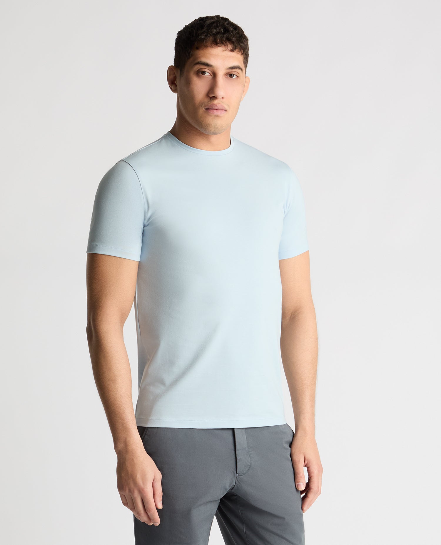Man wearing a blue t-shirt