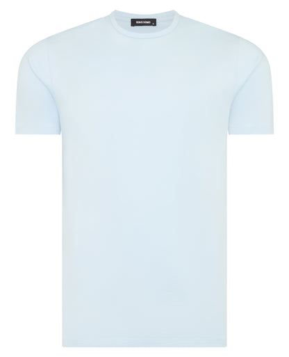 Man wearing a blue t-shirt