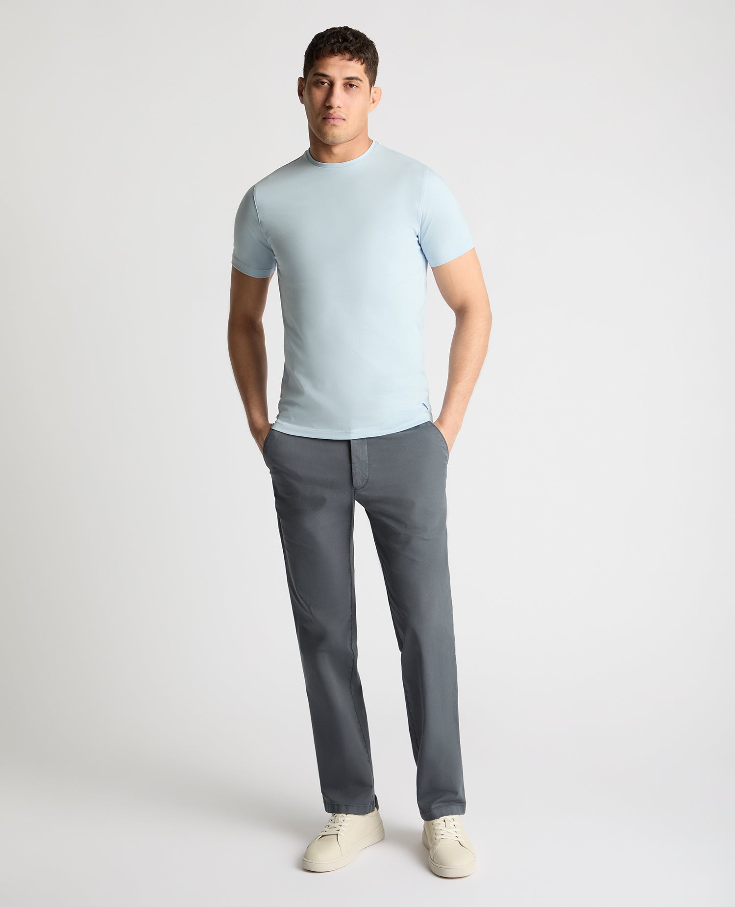 Man wearing a blue t-shirt