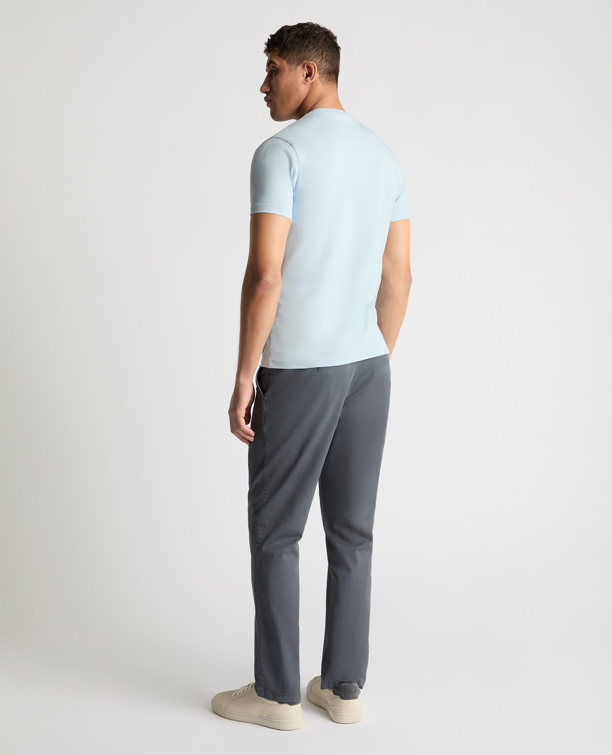 Man wearing a blue t-shirt