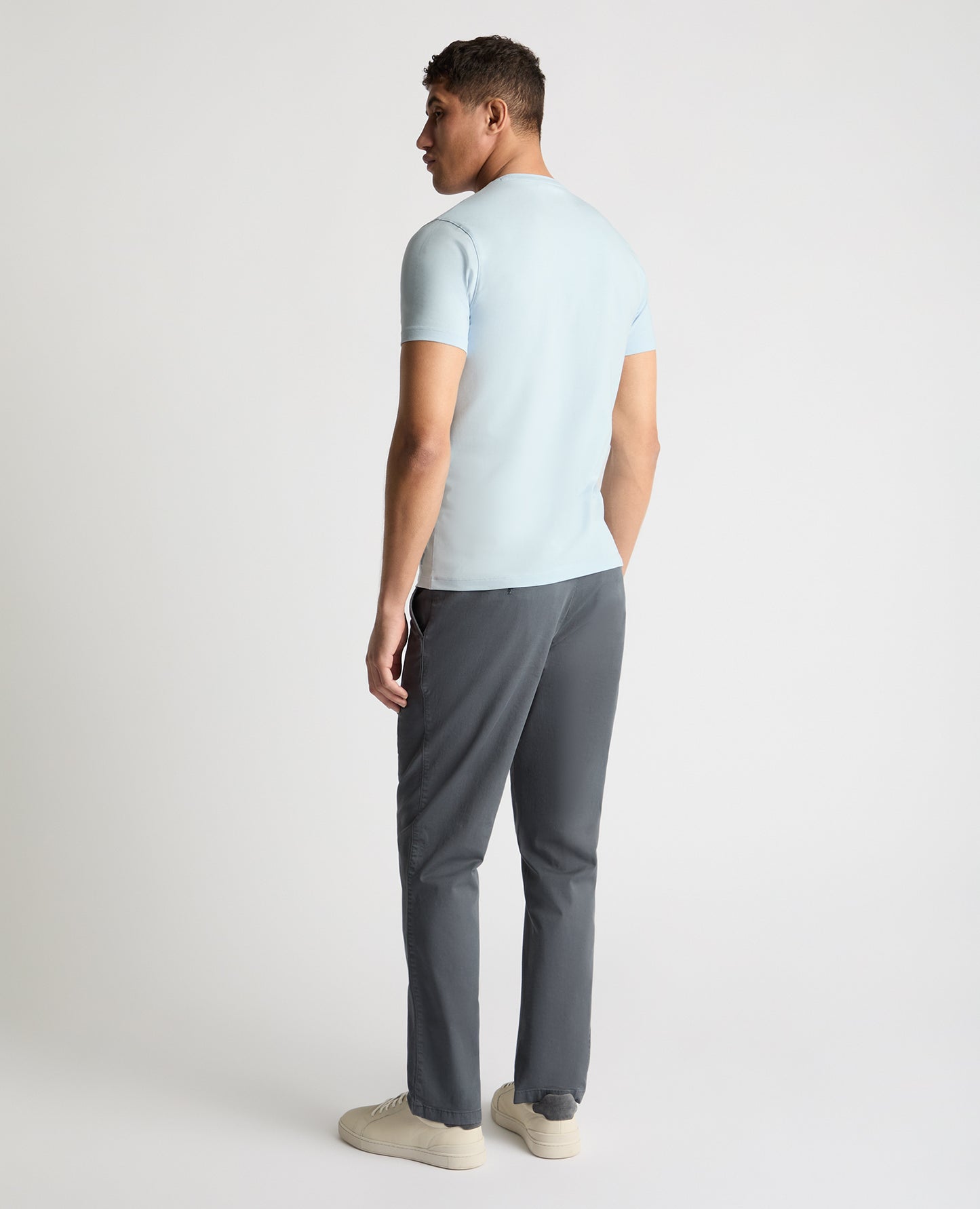 Man wearing a blue t-shirt