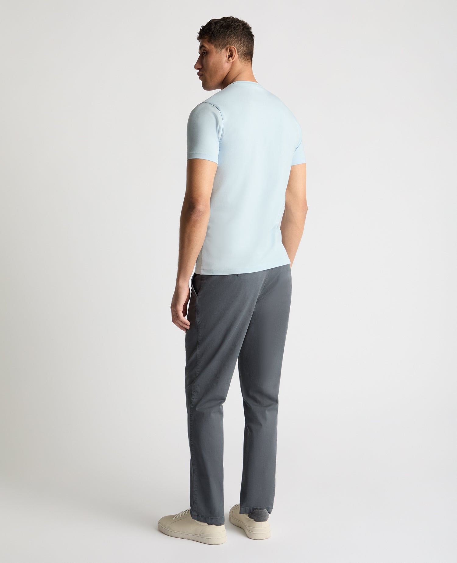 Man wearing a blue t-shirt