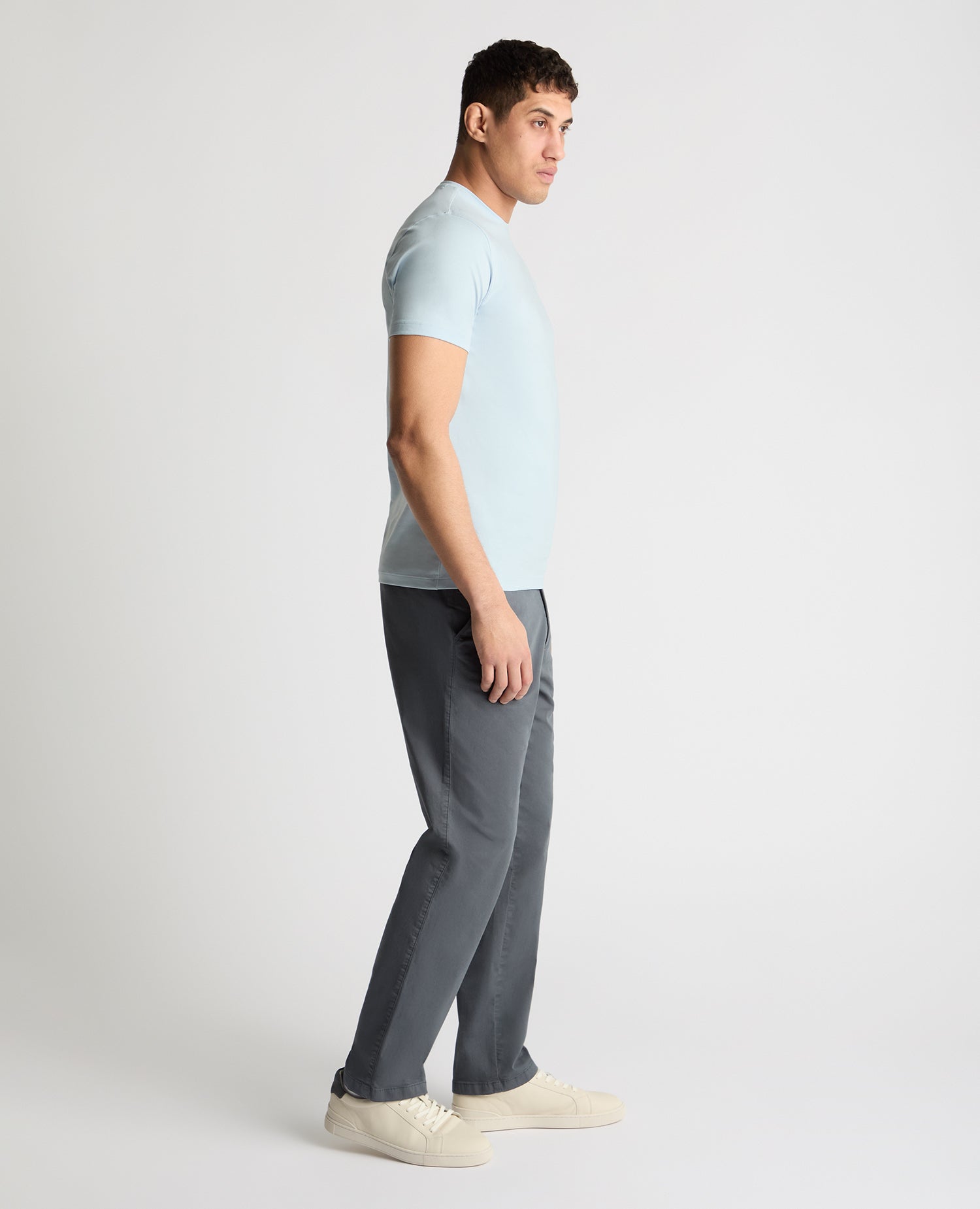 Man wearing a blue t-shirt