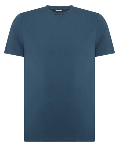 Man wearing a blue Cotton-Stretch Crew Neck T-Shirt