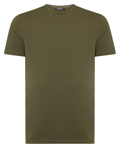 Man wearing a green Cotton-Stretch Crew Neck T-Shirt