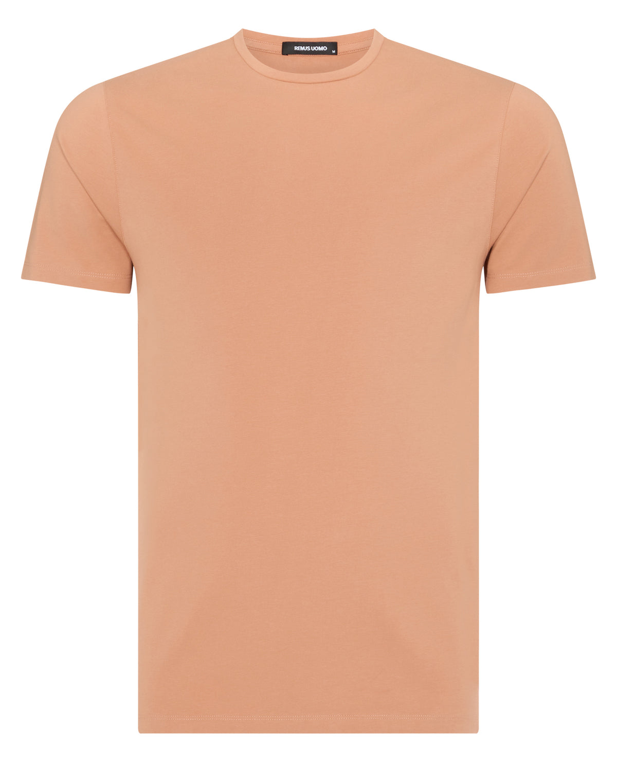 Man wearing a red Tapered Fit Cotton-Stretch T-Shirt