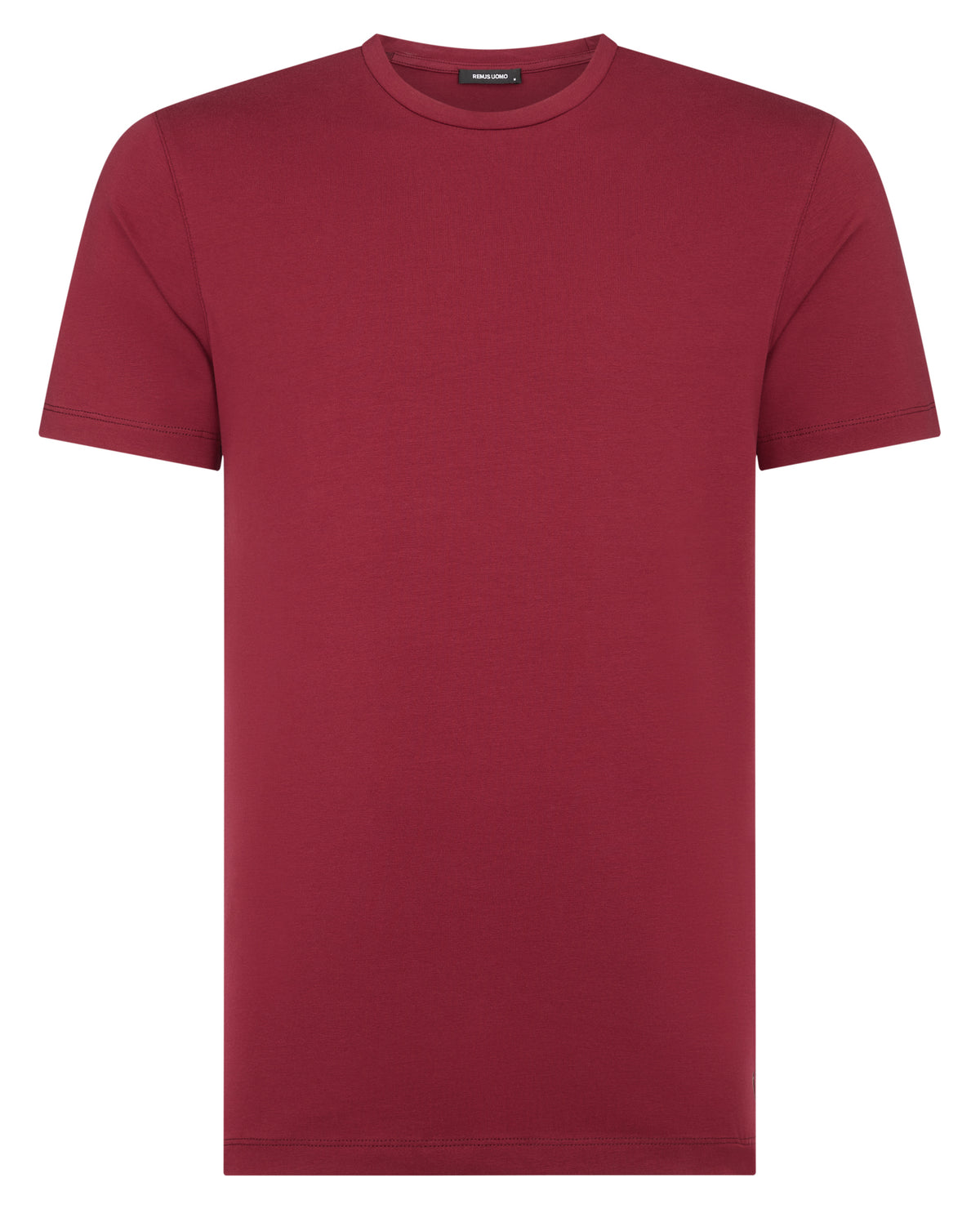Man wearing a red Tapered Fit Cotton-Stretch T-Shirt