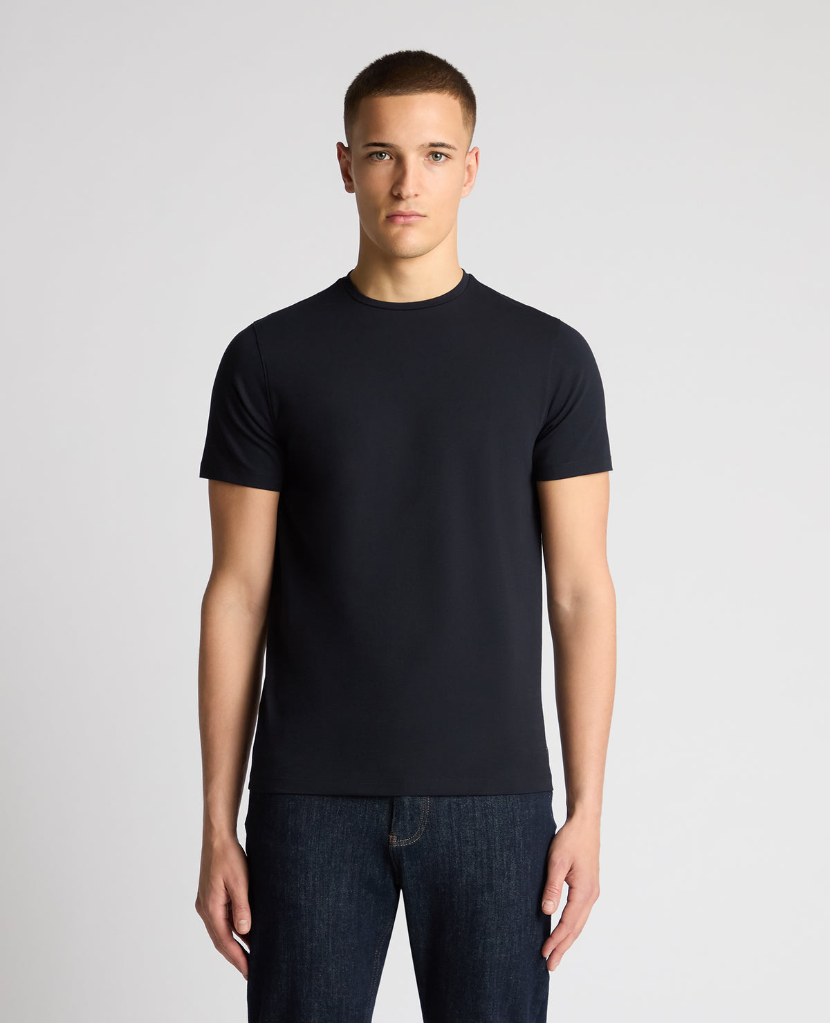 Man wearing a navy t-shirt