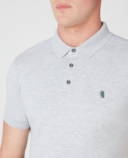 Man wearing a grey Tapered Fit Cotton-Blend Stretch Polo Shirt