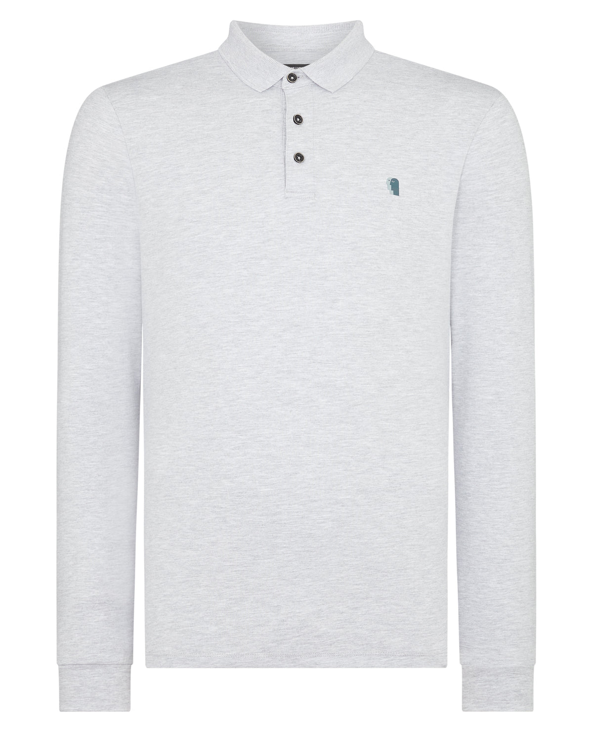Man wearing a grey Tapered Fit Cotton-Stretch Long-Sleeve Polo Shirt