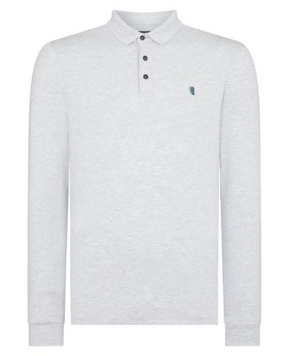 Man wearing a grey Tapered Fit Cotton-Stretch Long-Sleeve Polo Shirt
