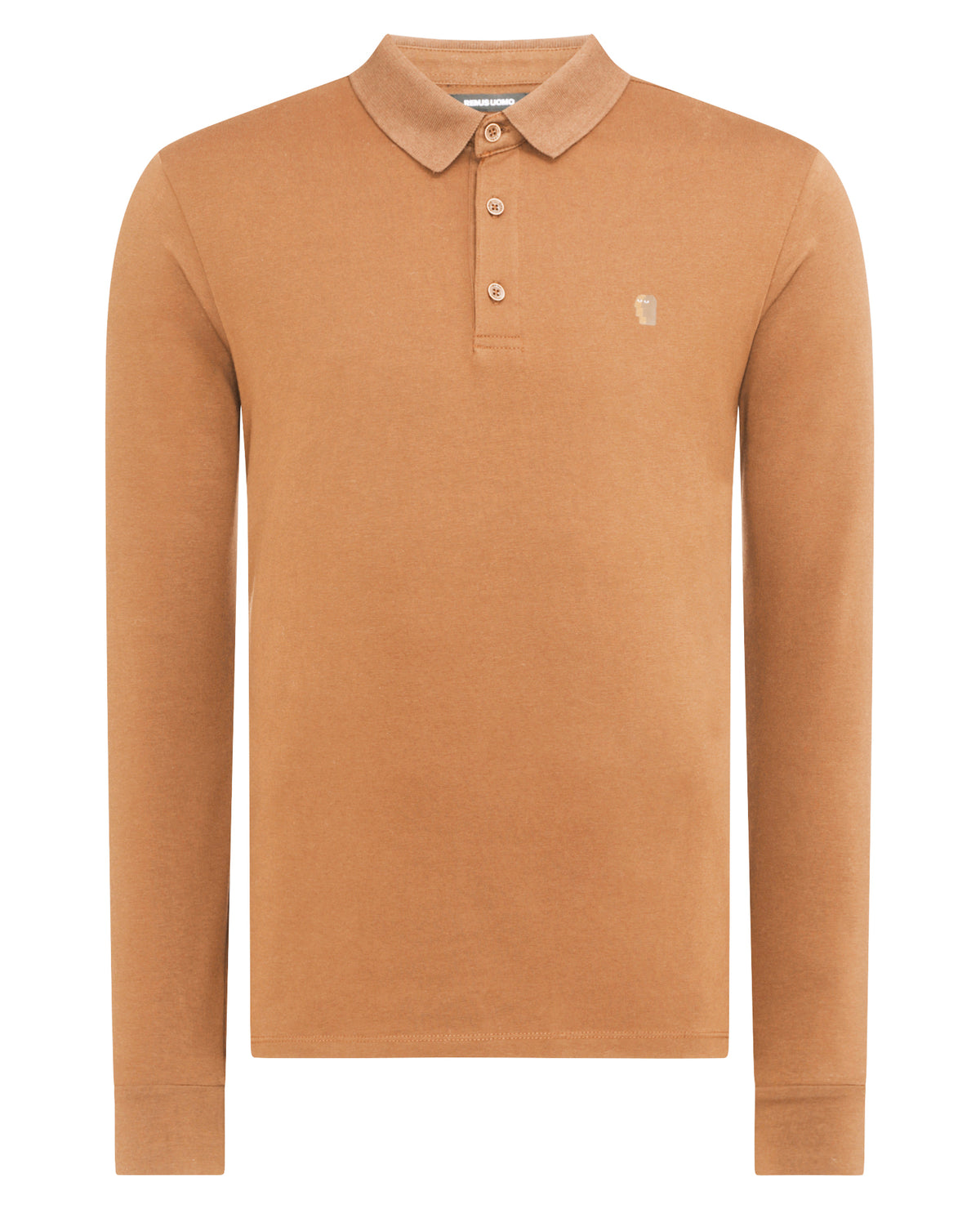 Man wearing a brown Tapered Fit Cotton-blend long seeve polo shirt
