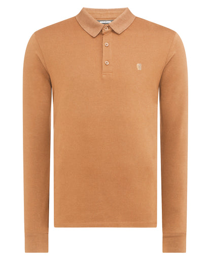 Man wearing a brown Tapered Fit Cotton-blend long seeve polo shirt