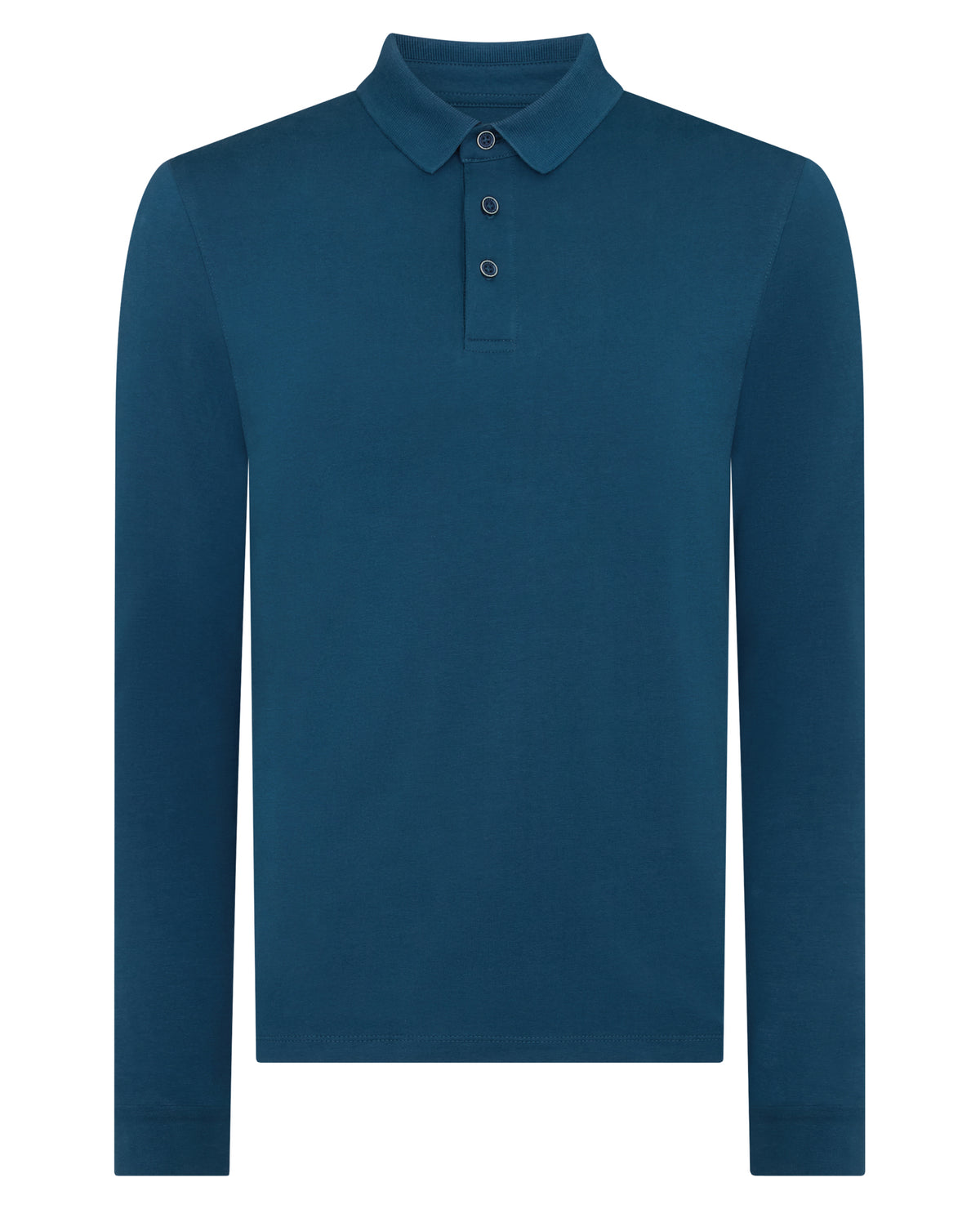 Man wearing a blue Tapered Fit Cotton-Stretch Polo Shirt