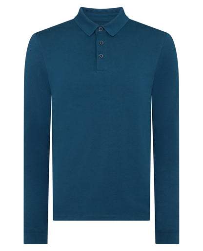 Man wearing a blue Tapered Fit Cotton-Stretch Polo Shirt