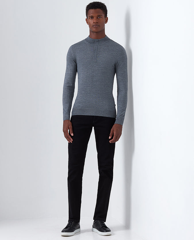 Man wearing a grey Slim Fit Merino Wool-Blend Half-Zip Sweater