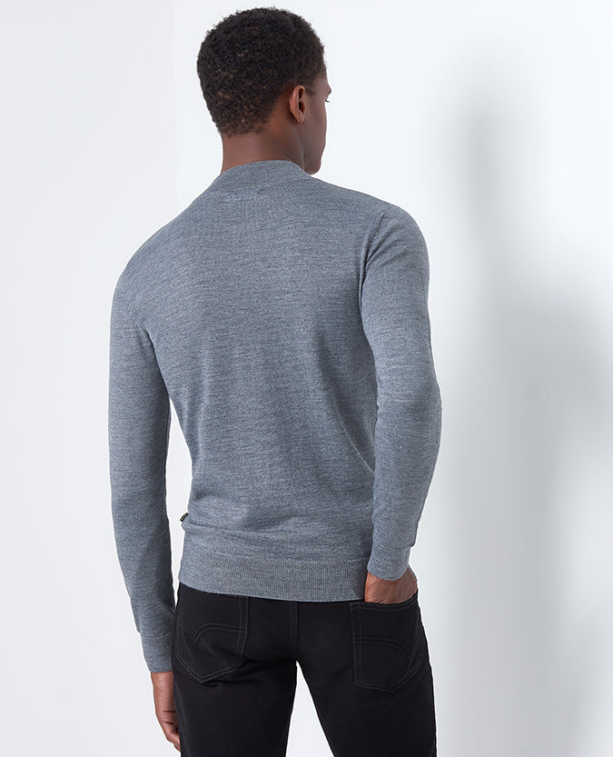 Man wearing a grey Slim Fit Merino Wool-Blend Half-Zip Sweater
