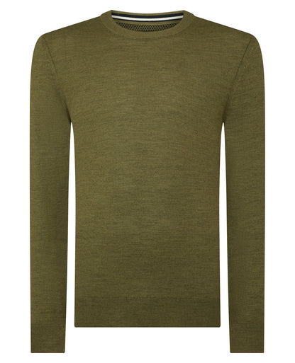 Man wearing a green Crew Neck Merino Wool-Blend Sweater
