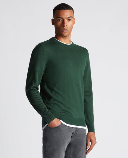 Man wearing a green Tapered Fit Merino Wool-Blend Crew Neck Sweater