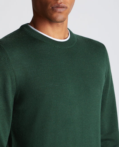 Man wearing a green Tapered Fit Merino Wool-Blend Crew Neck Sweater