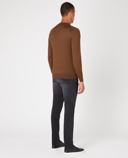 Man wearing a brown Tapered Fit Merino Wool-Acrylic Crew Neck Long Sleeve