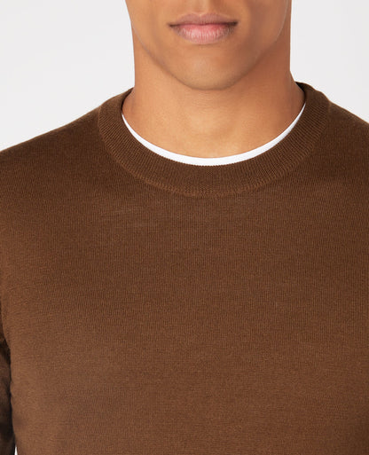 Man wearing a brown Tapered Fit Merino Wool-Acrylic Crew Neck Long Sleeve