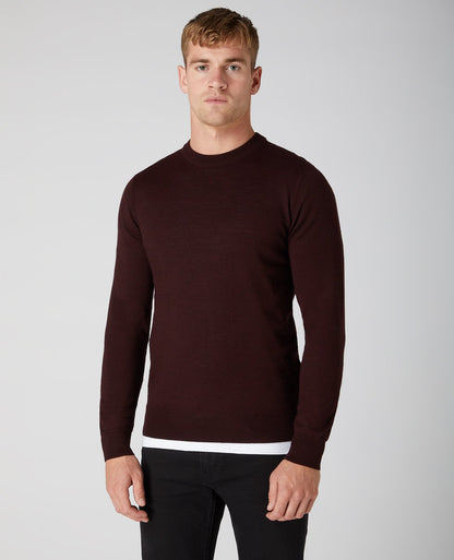 Man wearing a red Tapered Fit Merino Wool-Blend Crew Neck Sweater