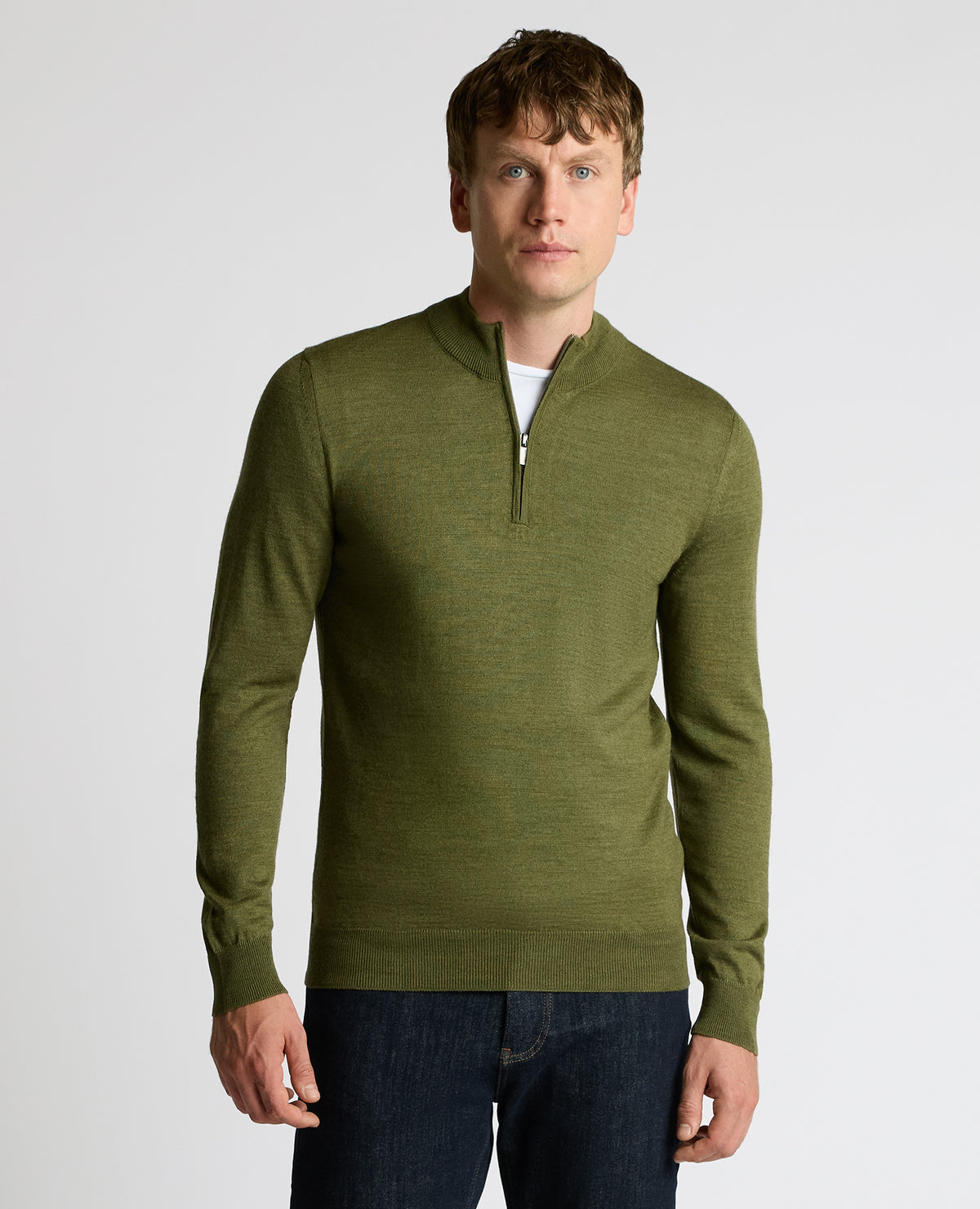 Man wearing a green Half Zip Merino Wool-Blend Sweater