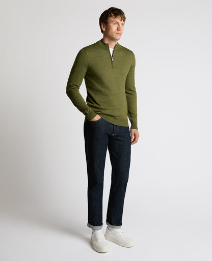 Man wearing a green Half Zip Merino Wool-Blend Sweater