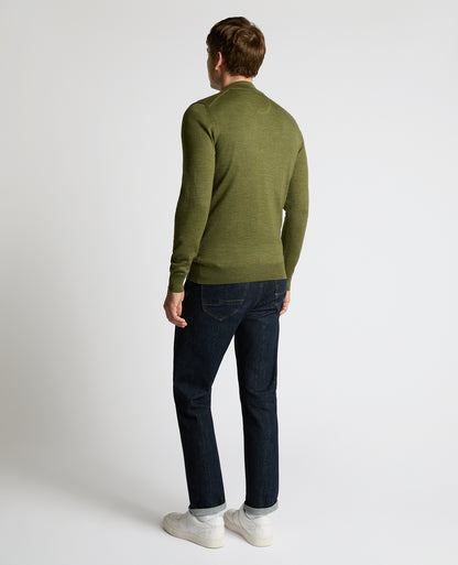 Man wearing a green Half Zip Merino Wool-Blend Sweater