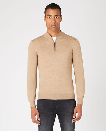 Man wearing a brown Tapered fit merino wool-acrylic half zip long sleeve
