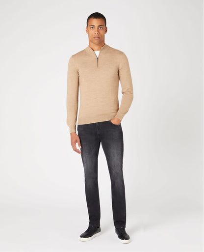 Man wearing a brown Tapered fit merino wool-acrylic half zip long sleeve