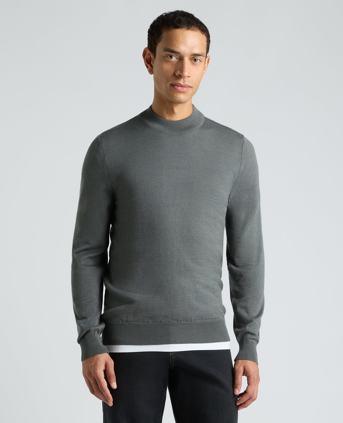 Grey Mock Neck Merino Wool Blend Jumper