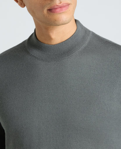 Grey Mock Neck Merino Wool Blend Jumper